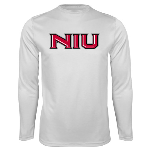  White Performance Long Sleeve Shirt - NIU - Primary Wordmark