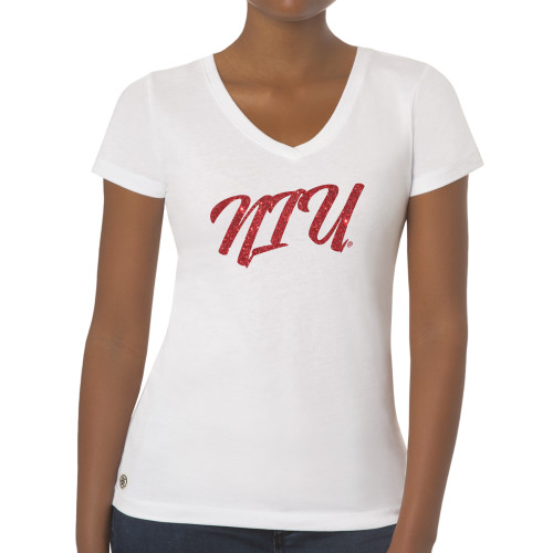  Fall Rush Ladies White V Neck Tee - N Red Glitter