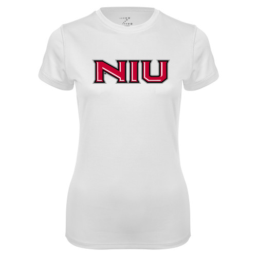  Womens White Performance Tee - NIU - Primary Wordmark