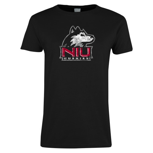  Womens Black Short Sleeve Tee - NIU Huskies - Primary Mark Distressed