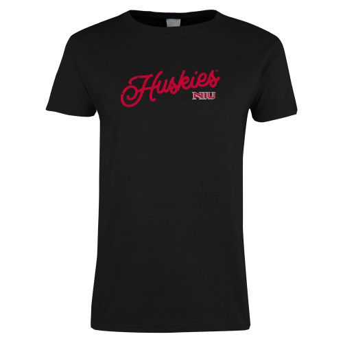  Womens Black Short Sleeve Tee - Script Huskies