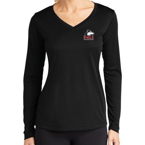  Womens Black Performance Long Sleeve V Neck Shirt - NIU Huskies - Primary Mark