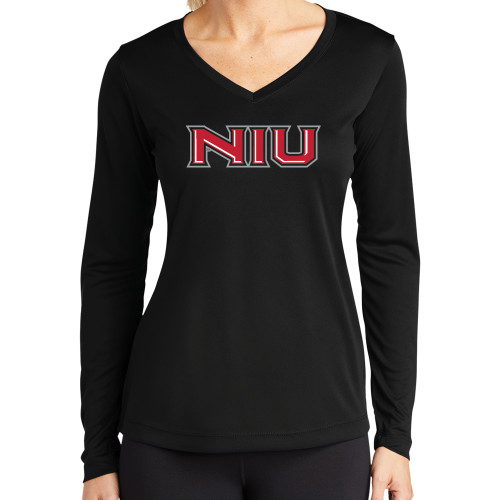  Womens Black Performance Long Sleeve V Neck Shirt - NIU - Primary Wordmark