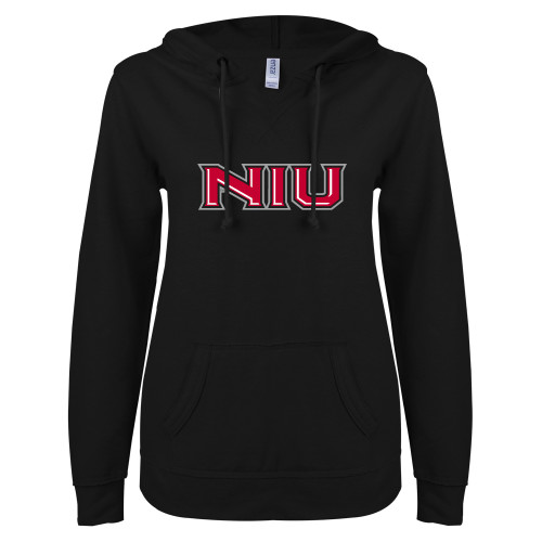  ENZA Womens Black V Notch Raw Edge Fleece Hoodie - NIU - Primary Wordmark