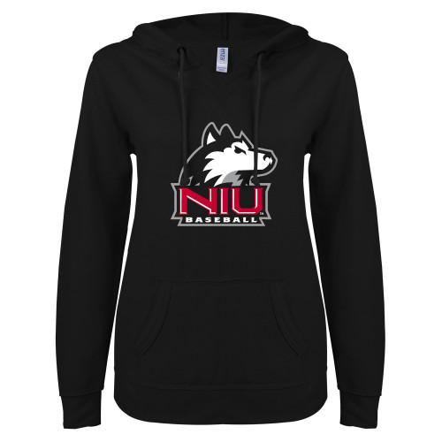  ENZA Womens Black V Notch Raw Edge Fleece Hoodie - NIU Huskie - Baseball