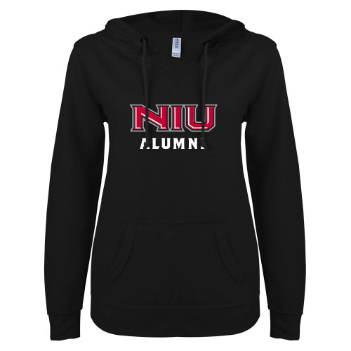  ENZA Womens Black V Notch Raw Edge Fleece Hoodie - NIU - Alumni