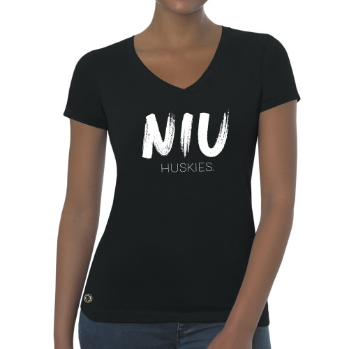  Fall Rush Ladies Black V Neck Tee - Huskies mom distressed