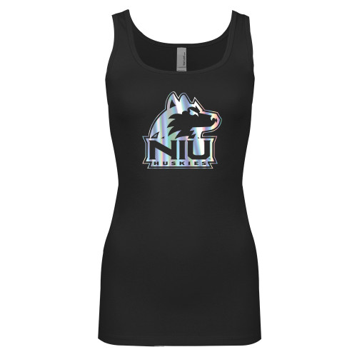  Next Level Ladies Junior Fit Black Jersey Tank - NIU Huskies - Primary Mark Foil