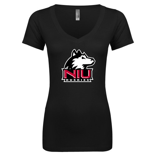  Next Level Womens Black Ideal V Tee - NIU Huskies - Primary Mark