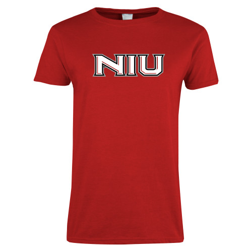  Womens Short Sleeve Red Tee - NIU - Primary Wordmark