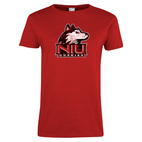  Womens Short Sleeve Red Tee - NIU Huskies - Primary Mark Distressed