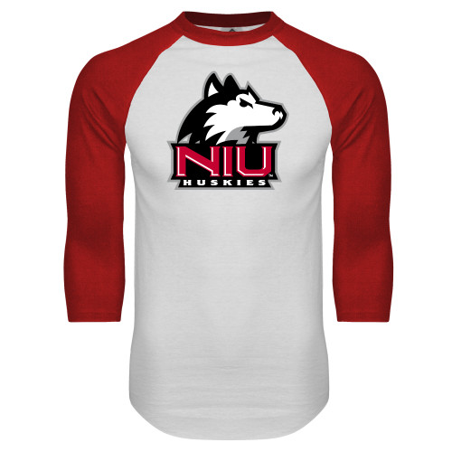  White/Red Raglan Baseball T Shirt - NIU Huskies - Primary Mark