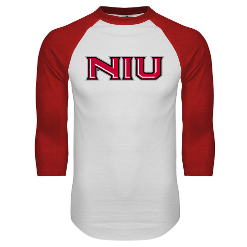  White/Red Raglan Baseball T Shirt - NIU - Primary Wordmark