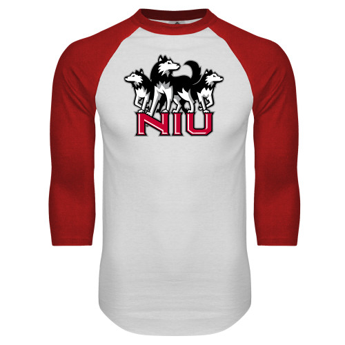  White/Red Raglan Baseball T Shirt - NIU w Huskies