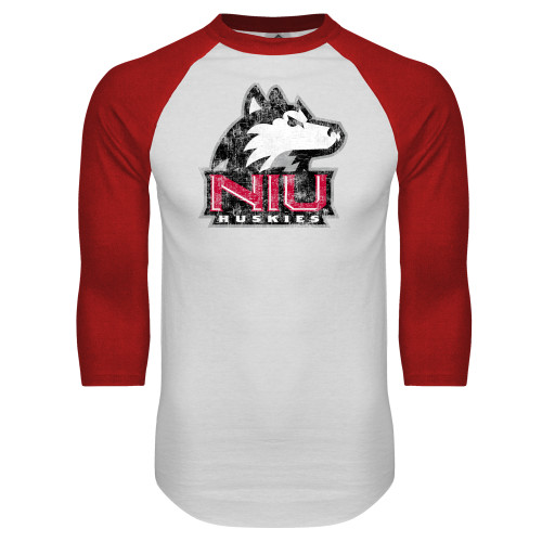  White/Red Raglan Baseball T Shirt - NIU Huskies - Primary Mark Distressed