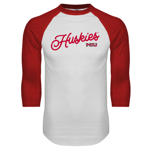  White/Red Raglan Baseball T Shirt - Script Huskies