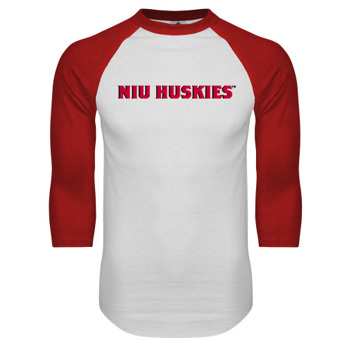  White/Red Raglan Baseball T Shirt - NIU Huskies - Block Wordmark