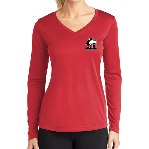  Womens Red Performance Long Sleeve V Neck Shirt - NIU Huskies - Primary Mark