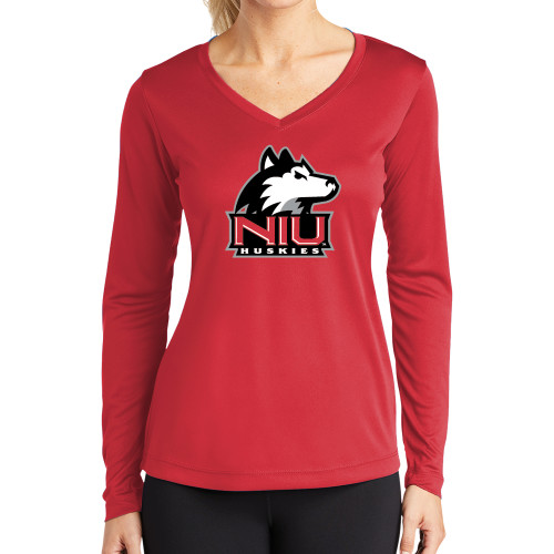  Womens Red Performance Long Sleeve V Neck Shirt - NIU Huskies - Primary Mark