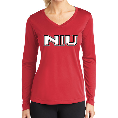  Womens Red Performance Long Sleeve V Neck Shirt - NIU - Primary Wordmark