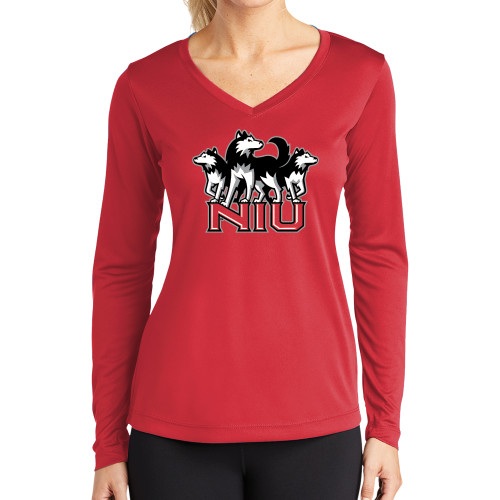  Womens Red Performance Long Sleeve V Neck Shirt - NIU w Huskies