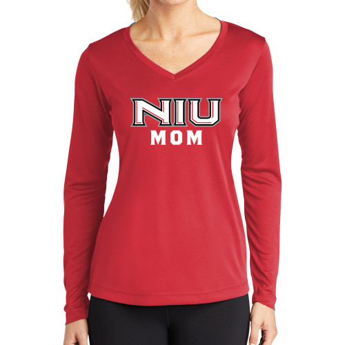  Womens Red Performance Long Sleeve V Neck Shirt - NIU - Mom