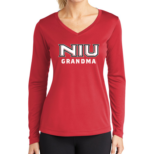  Womens Red Performance Long Sleeve V Neck Shirt - NIU - Grandma