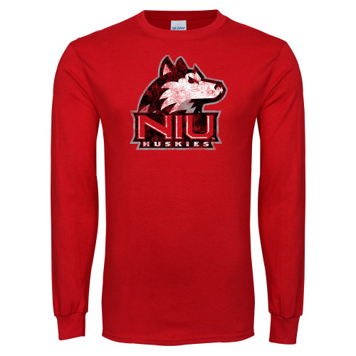  Red Long Sleeve T Shirt - NIU Huskies - Primary Mark Distressed