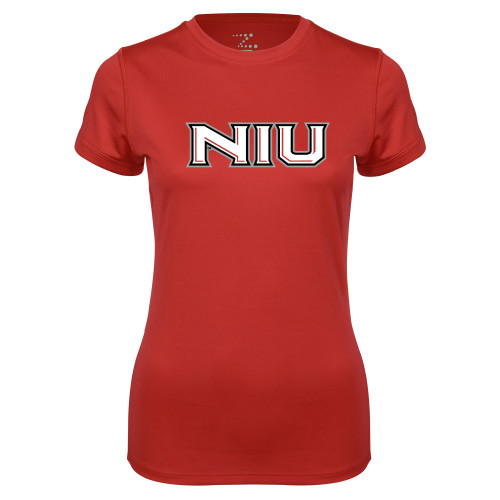  Womens Red Performance Short Sleeve Tee - NIU - Primary Wordmark