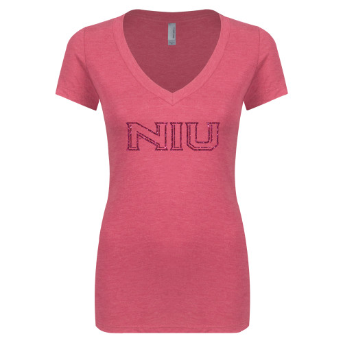  Next Level Ladies Vintage Pink Tri Blend V Neck Tee - M Hot Pink Glitter