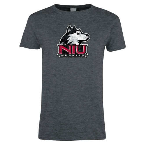  Womens Dark Heather Short Sleeve Tee - NIU Huskies - Primary Mark Distressed