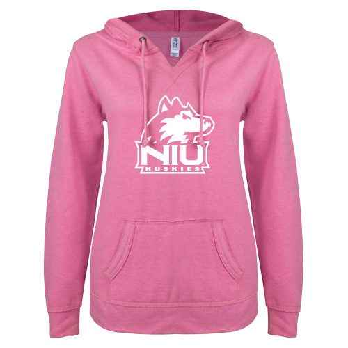  ENZA Womens Hot Pink V Notch Raw Edge Fleece Hoodie - NIU Huskies - Primary Mark