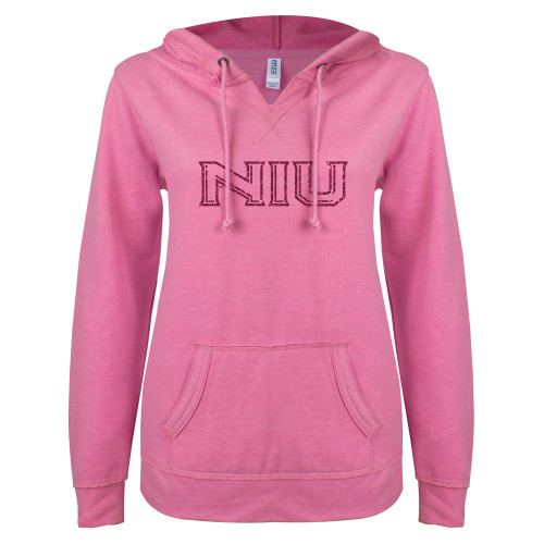  ENZA Womens Hot Pink V Notch Raw Edge Fleece Hoodie - M Hot Pink Glitter