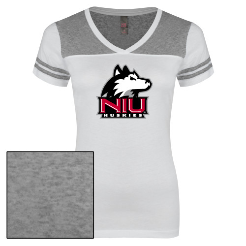  Womens White/Heather Grey Varsity V Neck Tee  - NIU Huskies - Primary Mark