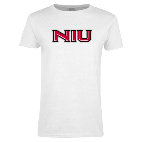  Womens White Short Sleeve Tee - NIU - Primary Wordmark