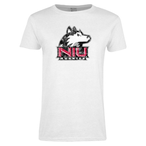  Womens White Short Sleeve Tee - NIU Huskies - Primary Mark Distressed