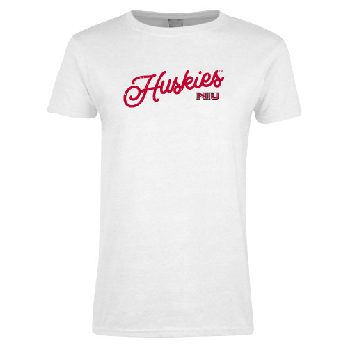  Womens White Short Sleeve Tee - Script Huskies