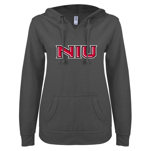  ENZA Womens Dark Heather V Notch Raw Edge Fleece Hoodie - NIU - Primary Wordmark