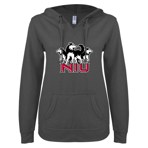  ENZA Womens Dark Heather V Notch Raw Edge Fleece Hoodie - NIU w Huskies