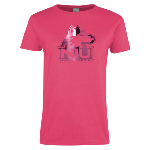  Womens Hot Pink Short Sleeve Tee - NIU Huskies - Primary Mark Foil