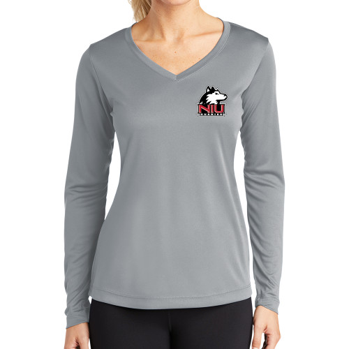  Womens Grey Performance Long Sleeve V Neck Shirt - NIU Huskies - Primary Mark