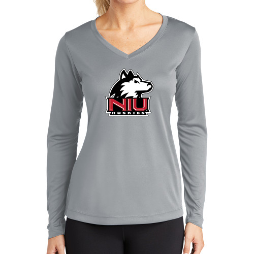  Womens Grey Performance Long Sleeve V Neck Shirt - NIU Huskies - Primary Mark