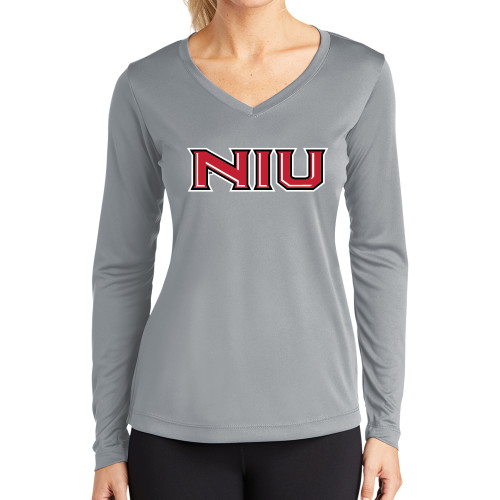  Womens Grey Performance Long Sleeve V Neck Shirt - NIU - Primary Wordmark