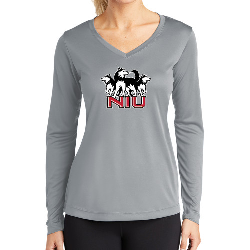  Womens Grey Performance Long Sleeve V Neck Shirt - NIU w Huskies