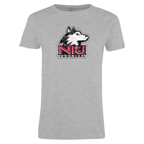  Womens Grey Short Sleeve Tee - NIU Huskies - Primary Mark Distressed