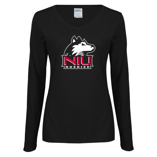  Womens Black Long Sleeve V Neck Tee  - NIU Huskies - Primary Mark