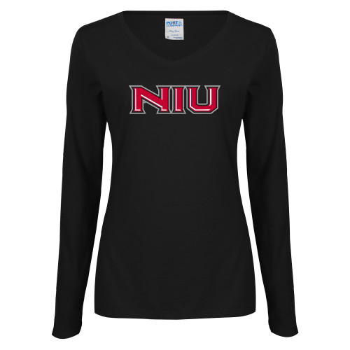  Womens Black Long Sleeve V Neck Tee  - NIU - Primary Wordmark