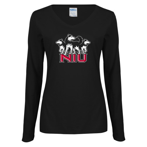  Womens Black Long Sleeve V Neck Tee  - NIU w Huskies