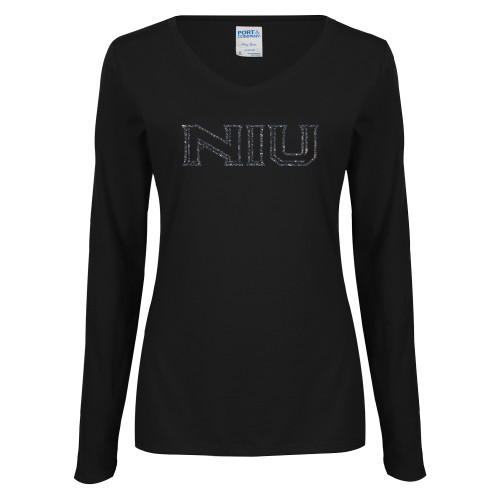  Womens Black Long Sleeve V Neck Tee  - F Graphite Soft Glitter