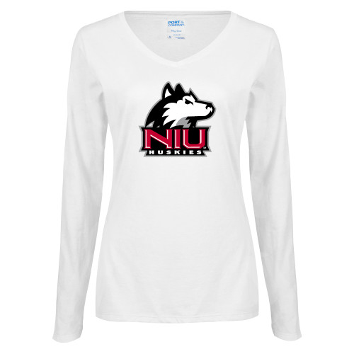  Womens White Long Sleeve V Neck Tee - NIU Huskies - Primary Mark